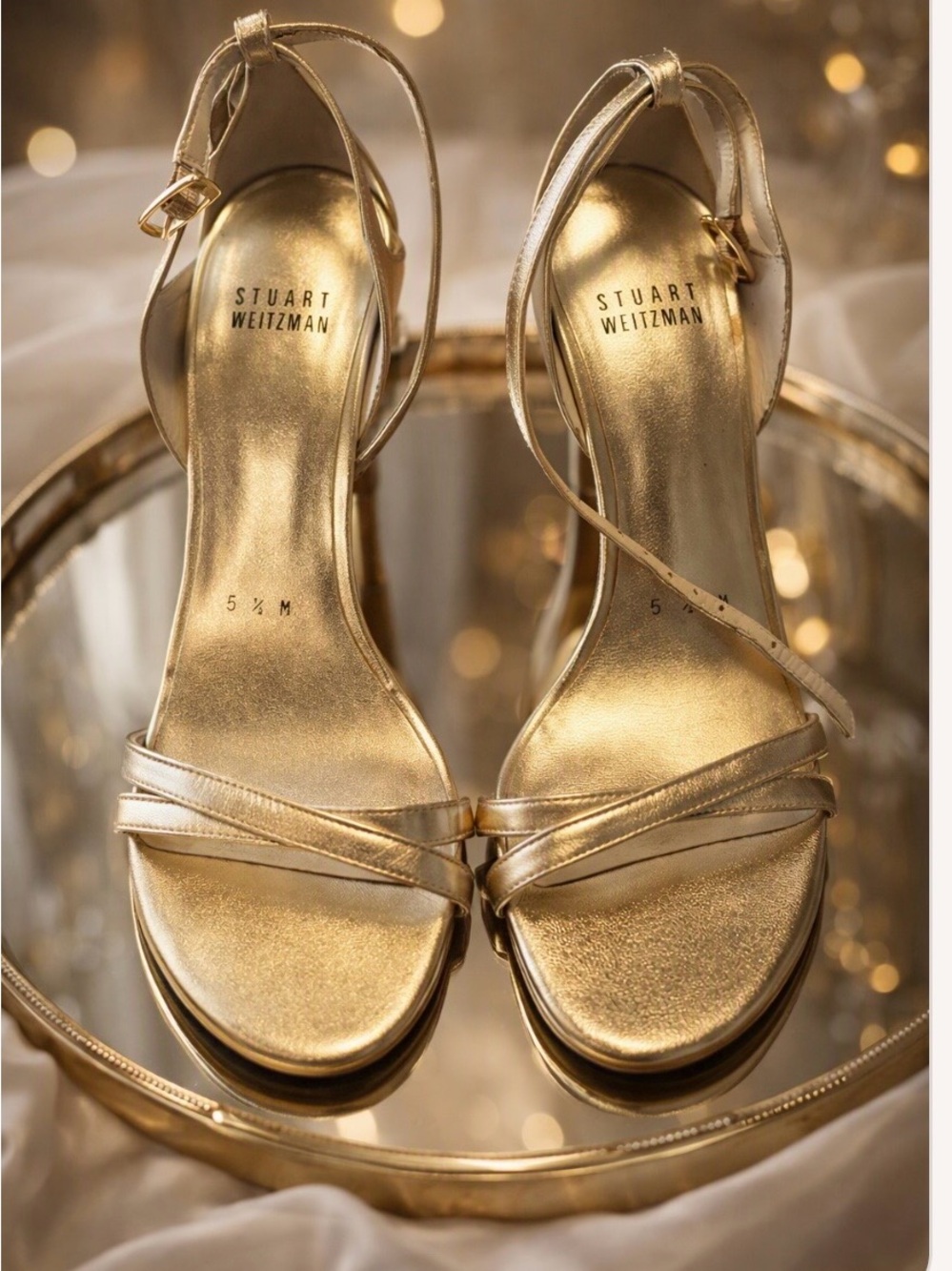 Stuart Weitzman Metallic Gold Strappy Ankle‑Wrap Heels